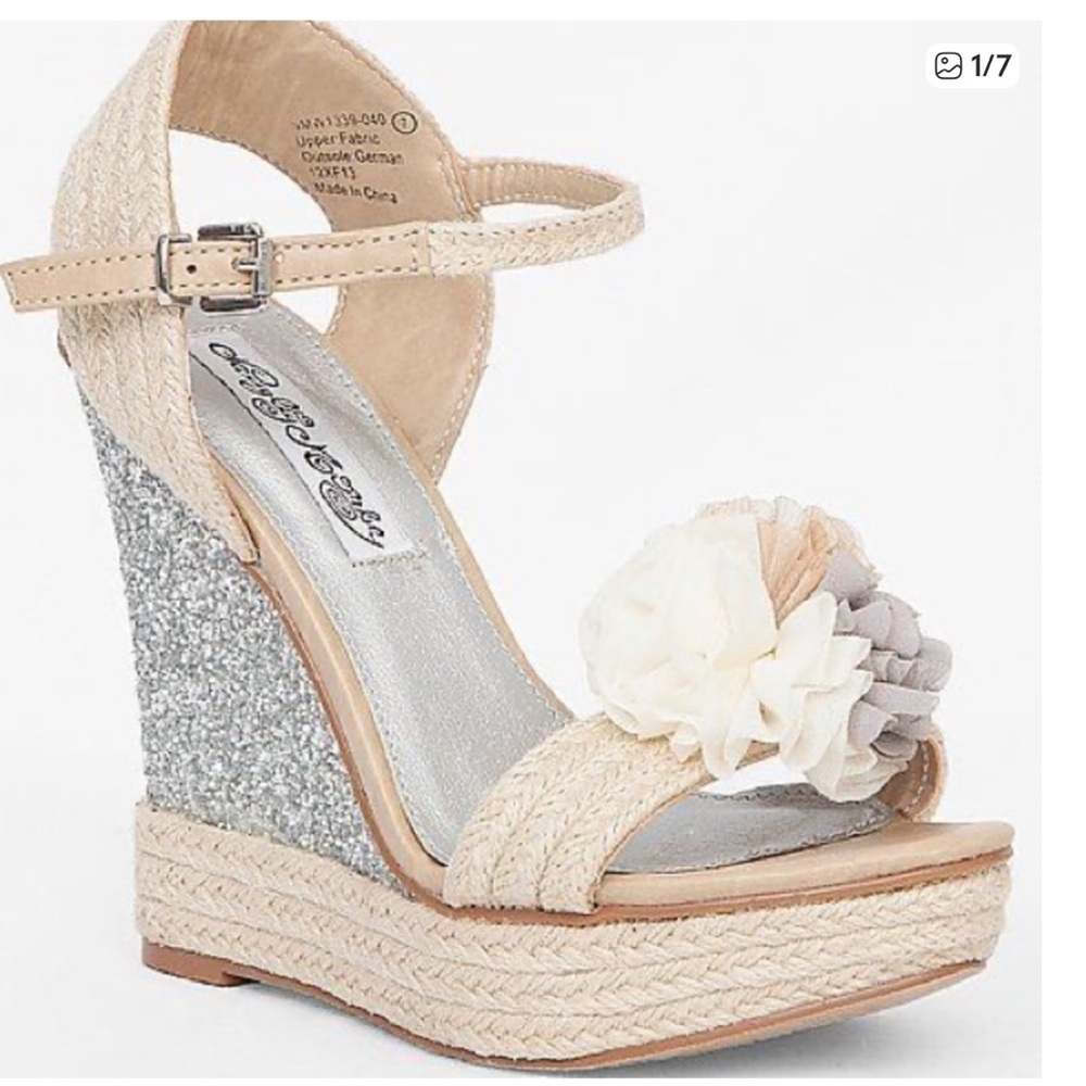 Naughty Monkey Beige and Silver Floral glitter wedges size 8